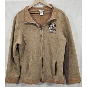 Disney Parks Womens Fleece Jacket Embroidered Mickey Minnie Zip Pockets Beige XL